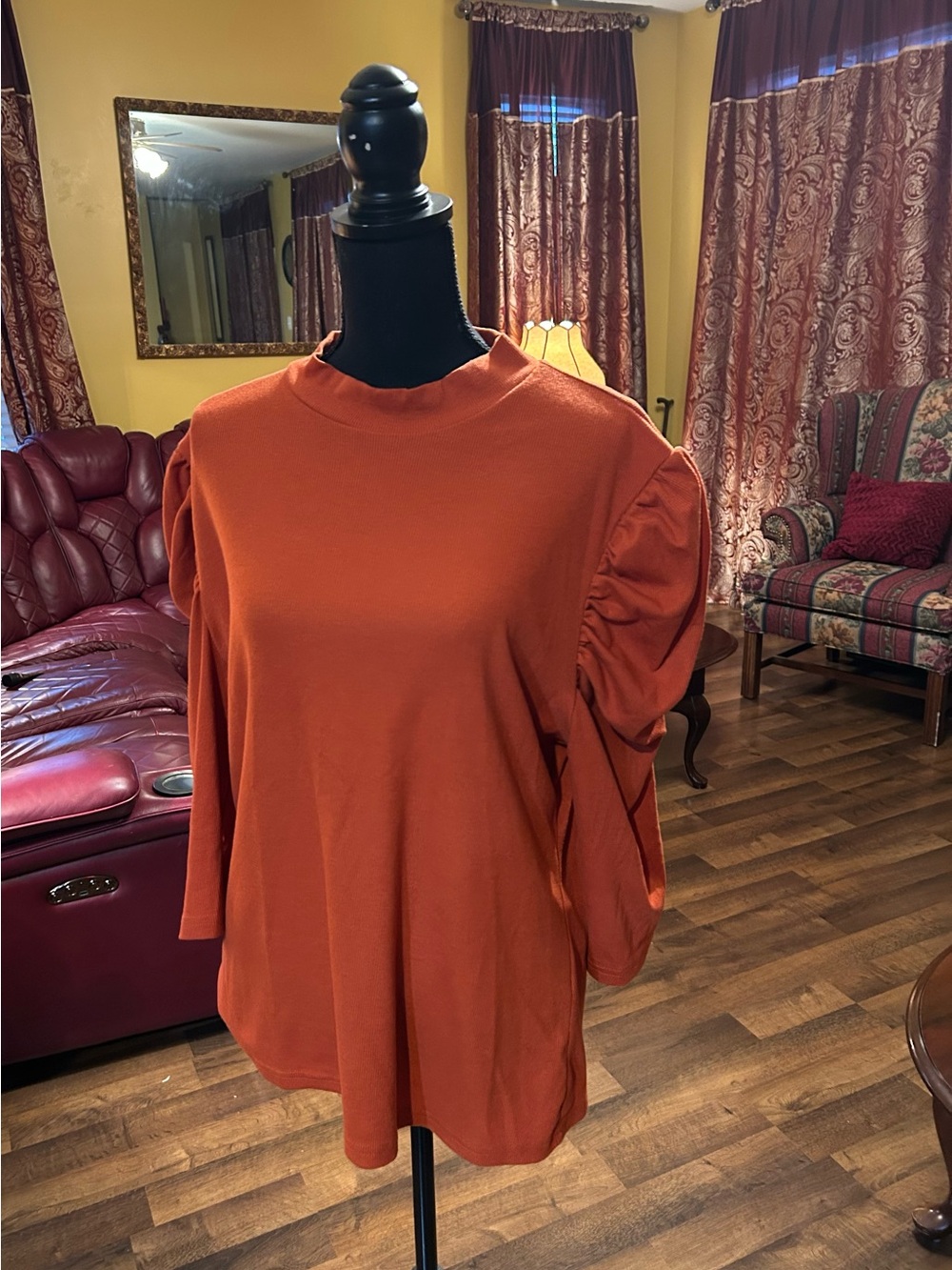 SHEIN Rust Orange Puff-Sleeve Long Sleeve Top